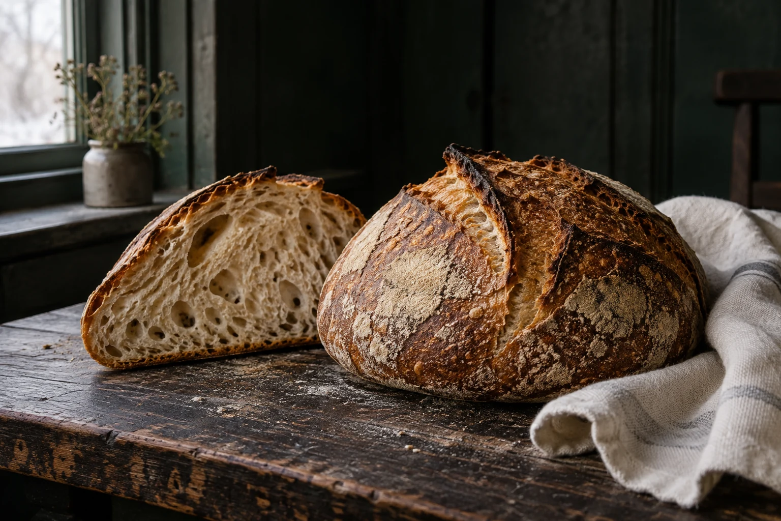 Dark, moody sourdough loaf sliced on a wooden board