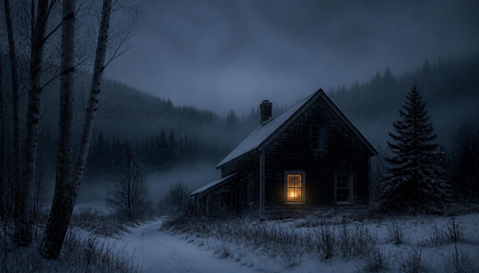A dark Maine farmhouse in deep snow with one candlelit window