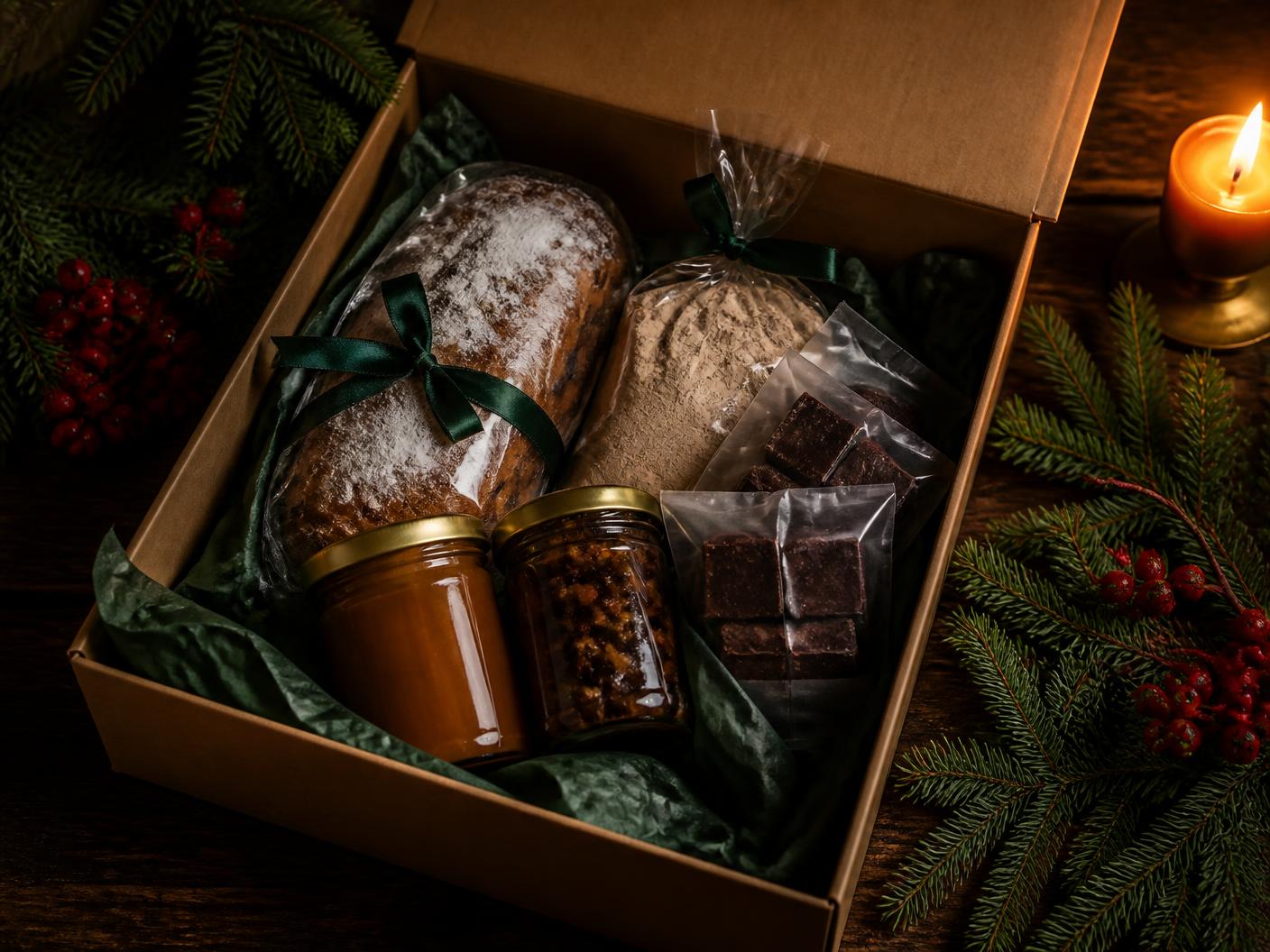 An open kraft gift box of holiday baking goods — stollen, whiskey caramel, mincemeat and dark chocolate fudge — among balsam sprigs