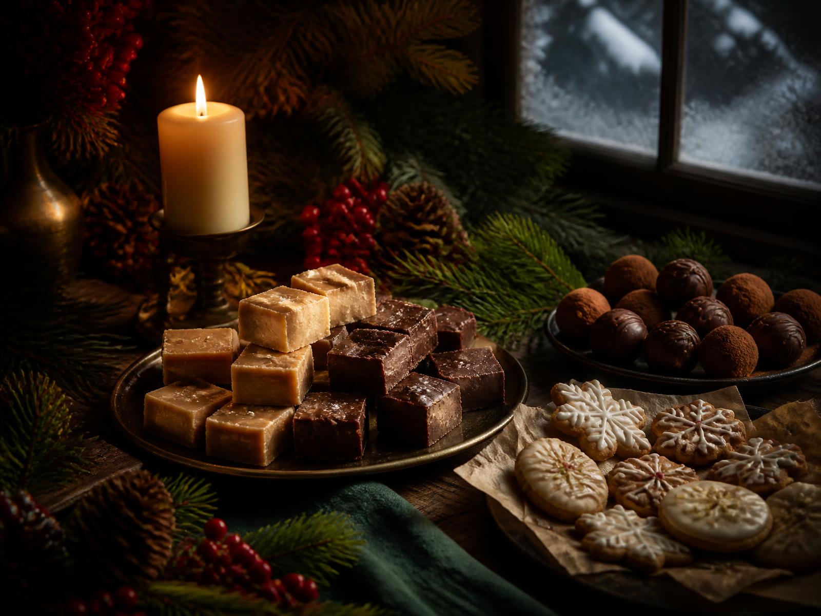 Candlelit table of holiday fudge, truffles and iced snowflake cookies among balsam boughs and winterberries