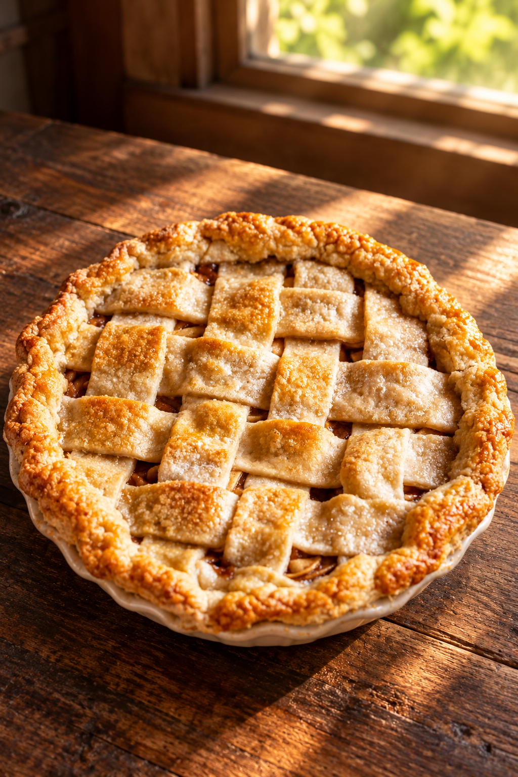 A handmade lattice-top holiday pie on a rustic wooden table